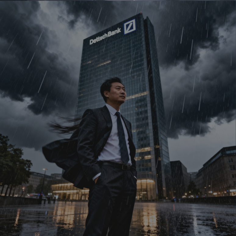 Professional standing in front of Deutsche Bank tower
